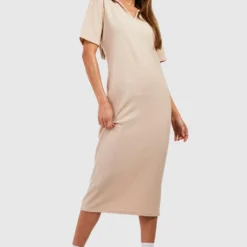 Robe Mi-longue Côtelée à Col Montant -Pas Cher Vêtue Diva Magasin gzz50274 stone xl 2