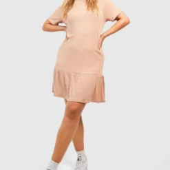 Grande Taille - Robe Côtelée à Volants Et Manches Courtes -Pas Cher Vêtue Diva Magasin gzz50285 stone xl 2