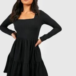 Petite - Robe Babydoll Froncée à Col Carré -Pas Cher Vêtue Diva Magasin gzz50400 black xl 3