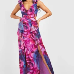 Robe Longue Fleurie à Ceinture Et Volants