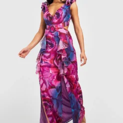 Robe Longue Fleurie à Ceinture Et Volants -Pas Cher Vêtue Diva Magasin gzz50500 purple xl 2