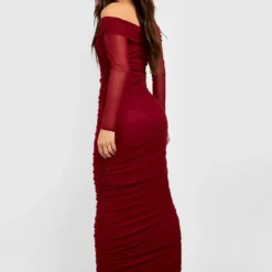 Robe Longue Froncée En Mesh à épaules Dénudées -Pas Cher Vêtue Diva Magasin gzz50502 maroon xl 1