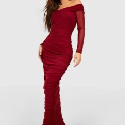 Robe Longue Froncée En Mesh à épaules Dénudées -Pas Cher Vêtue Diva Magasin gzz50502 maroon xl 2