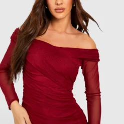 Robe Longue Froncée En Mesh à épaules Dénudées -Pas Cher Vêtue Diva Magasin gzz50502 maroon xl 3