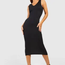 Robe Longue Côtelée Sans Manches à Col V 8 Robe Longue Côtelée Sans Manches à Col V -Pas Cher Vêtue Diva Magasin gzz50511 black xl 2