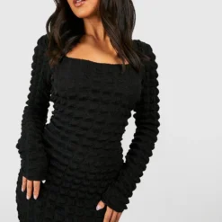 Petite - Robe Texturée à Col Carré -Pas Cher Vêtue Diva Magasin gzz50669 black xl 3