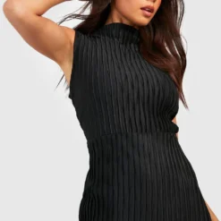 Petite - Robe Longue Texturée à Col Montant -Pas Cher Vêtue Diva Magasin gzz50678 black xl 3