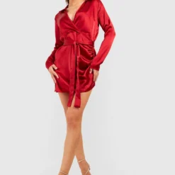 Robe Portefeuille Satinée Effet Drapé -Pas Cher Vêtue Diva Magasin gzz50771 berry xl 2