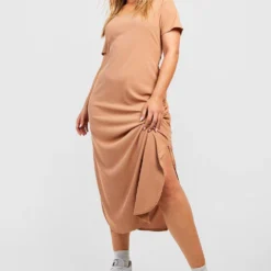 Grande Taille - Robe Mi-longue Côtelée Fendue -Pas Cher Vêtue Diva Magasin gzz50919 camel xl 2