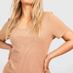 Grande Taille - Robe Mi-longue Côtelée Fendue -Pas Cher Vêtue Diva Magasin gzz50919 camel xl 3