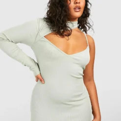 Grande Taille - Robe Mi-longue Côtelée Asymétrique -Pas Cher Vêtue Diva Magasin gzz50952 sage xl 2