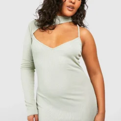 Grande Taille - Robe Mi-longue Côtelée Asymétrique -Pas Cher Vêtue Diva Magasin gzz50952 sage xl 3