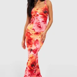 Robe Longue Fleurie à Col Carré -Pas Cher Vêtue Diva Magasin gzz51221 pink xl 2