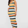 Robe Longue Côtelée Rayée à Col Rond