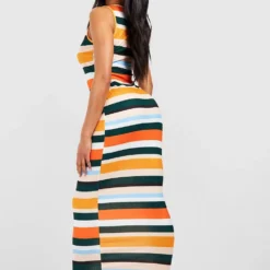 Robe Longue Côtelée Rayée à Col Rond -Pas Cher Vêtue Diva Magasin gzz51432 mocha xl 1