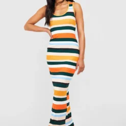 Robe Longue Côtelée Rayée à Col Rond -Pas Cher Vêtue Diva Magasin gzz51432 mocha xl 2