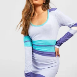 Robe Longue Côtelée Rayée à Manches Longues -Pas Cher Vêtue Diva Magasin gzz51439 blue xl 2