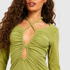 Robe Longue Côtelée à Découpes -Pas Cher Vêtue Diva Magasin gzz51445 olive xl 3 scaled