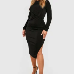 Grande Taille - Robe Mi-longue Froncée Fendue