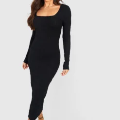 Tall - Robe Longue Texturée à Col Carré -Pas Cher Vêtue Diva Magasin gzz51768 black xl 2