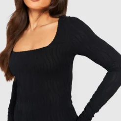 Tall - Robe Longue Texturée à Col Carré -Pas Cher Vêtue Diva Magasin gzz51768 black xl 3