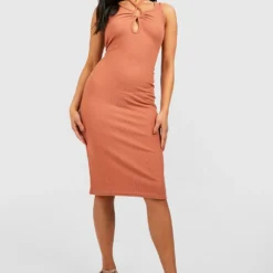 Petite - Robe Mi-longue Côtelée Dos Nu -Pas Cher Vêtue Diva Magasin gzz52036 terracotta xl 2