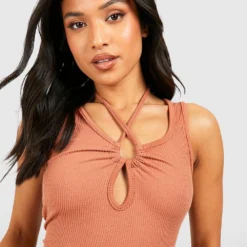 Petite - Robe Mi-longue Côtelée Dos Nu -Pas Cher Vêtue Diva Magasin gzz52036 terracotta xl 3