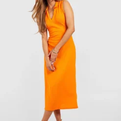 Robe Mi-longue Texturée à Col Contrastant -Pas Cher Vêtue Diva Magasin gzz52130 orange xl 2