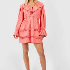 Robe D’été Texturée à Volants -Pas Cher Vêtue Diva Magasin gzz52163 coral xl 2