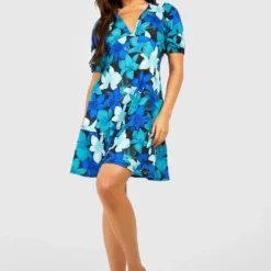 Robe Fleurie à Manches Bouffantes -Pas Cher Vêtue Diva Magasin gzz52229 blue xl 2