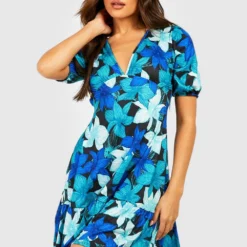 Robe Fleurie à Manches Bouffantes -Pas Cher Vêtue Diva Magasin gzz52229 blue xl 3