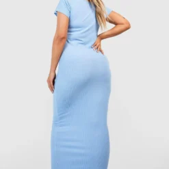 Grande Taille - Robe Longue Côtelée à Manches Courtes -Pas Cher Vêtue Diva Magasin gzz52258 blue xl 1