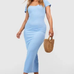 Grande Taille - Robe Longue Côtelée à Manches Courtes -Pas Cher Vêtue Diva Magasin gzz52258 blue xl 2