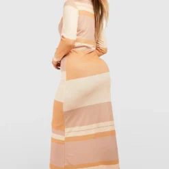 Grande Taille - Robe Longue Rayée à Manches Longues -Pas Cher Vêtue Diva Magasin gzz52265 tan xl 1