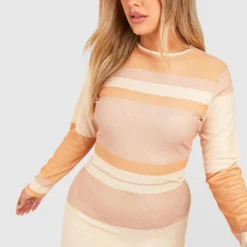 Grande Taille - Robe Longue Rayée à Manches Longues -Pas Cher Vêtue Diva Magasin gzz52265 tan xl 2