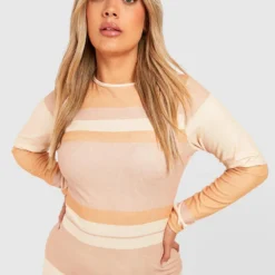 Grande Taille - Robe Longue Rayée à Manches Longues -Pas Cher Vêtue Diva Magasin gzz52265 tan xl 3