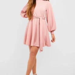 Robe Patineuse à Ceinture Et Manches Ballon -Pas Cher Vêtue Diva Magasin gzz52585 rose xl 2