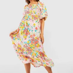 Robe Mi-longue Fleurie à Manches Bouffantes -Pas Cher Vêtue Diva Magasin gzz53052 pink xl 2