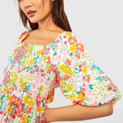 Robe Mi-longue Fleurie à Manches Bouffantes -Pas Cher Vêtue Diva Magasin gzz53052 pink xl 3