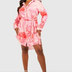 Grande Taille - Robe Chemise à Ceinture Et Imprimé Marbre -Pas Cher Vêtue Diva Magasin gzz53159 pink xl 2 scaled