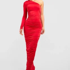 Robe Asymétrique Soyeuse Froncée -Pas Cher Vêtue Diva Magasin gzz53257 red xl 2