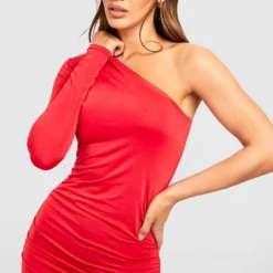 Robe Asymétrique Soyeuse Froncée -Pas Cher Vêtue Diva Magasin gzz53257 red xl 3