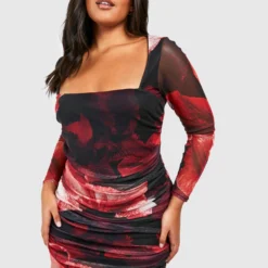 Grande Taille - Robe Moulante Fleurie En Mesh
