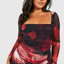 Grande Taille - Robe Moulante Fleurie En Mesh -Pas Cher Vêtue Diva Magasin gzz53608 red xl 3 scaled