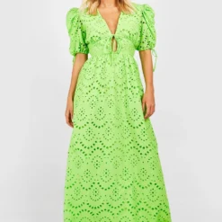 Robe Longue Brodée à Manches Bouffantes -Pas Cher Vêtue Diva Magasin gzz53666 lime xl 2