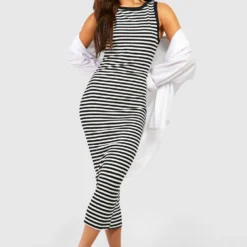 Robe Mi-longue Côtelée à Rayures