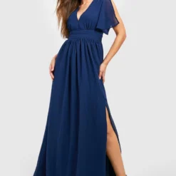 Robe Longue Froncée En Mousseline De Soie -Pas Cher Vêtue Diva Magasin gzz54076 navy xl 2