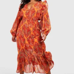 Grande Taille - Robe Mi-longue à Imprimé Cachemire 8 Grande Taille - Robe Mi-longue à Imprimé Cachemire -Pas Cher Vêtue Diva Magasin gzz54173 orange xl 2