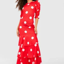 Robe Longue à Pois Et Volants étagés -Pas Cher Vêtue Diva Magasin gzz54470 red xl 2