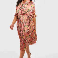 Grande Taille - Robe Patineuse Plissée Satinée à Imprimé Fleuri -Pas Cher Vêtue Diva Magasin gzz54475 pink xl 2